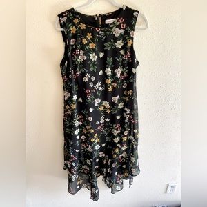 Calvin Klein Black Sleeveless Floral Print Asymmetrical Hem Dress Size 12